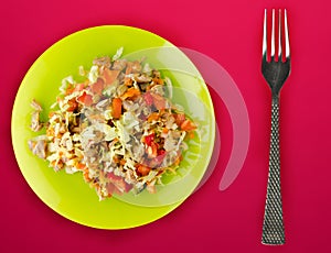 Salad with chicken stomachs with vegetables . salad with chicken on a green plate on a red background