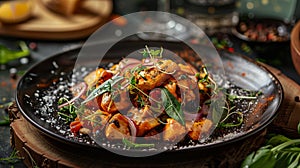 Salad with chicken, tomatoes and arugula on a black plate.