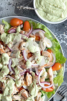 Salad with chicken, tomatoes, onion and avocado sauce
