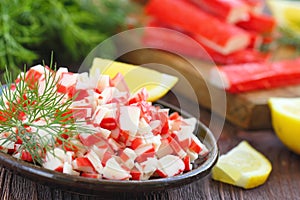 Salad with crab sticks prepared for eating