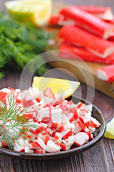Salad with crab sticks prepared for eating