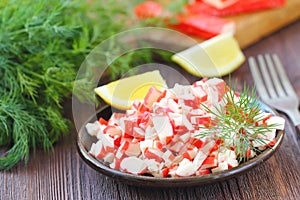 Salad with crab sticks prepared for eating