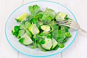 Salad with Cucumber, Purslane and Green Peas on Dark Disks