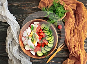 Salad cucumbers, tomatoes, summer   antioxidant  eggs dinner cuisine a wooden background