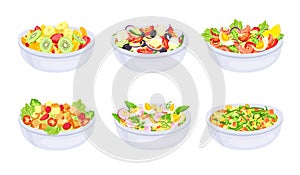 Salad dishes. Bowl with fresh healthy vegetable slices. Greek, fruit salad and caprese. Vegetarian diet meal. Natural