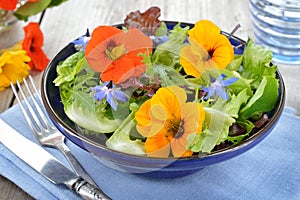 Salad with edible flowers nasturtium, borage.