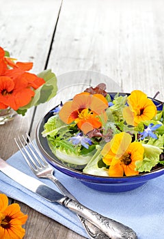 Salad with edible flowers nasturtium, borage.