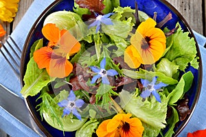 Salad with edible flowers nasturtium, borage. photo