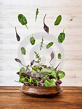 Salad explosion with arugula, beetroot, spinach and sprouts on bright wooden board over white background, top view.