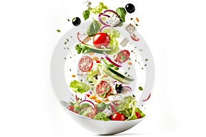 a salad flying over the table in front of a fork