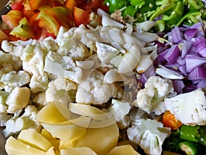 Salad food image. Fresh vegetables chopped. Photo of onion chopped tomatoes chopped. Close up of salad for pavbhaji.