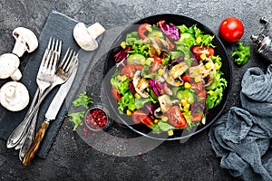 Salad with fresh and grilled vegetables and mushrooms. Vegetable salad with grilled champignons. Vegetable salad on plate