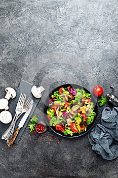 Salad with fresh and grilled vegetables and mushrooms. Vegetable salad with grilled champignons. Vegetable salad on plate