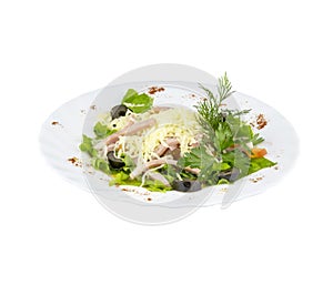 Salad with fresh herbs, meat and olives