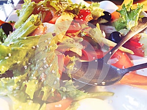 Salad. Fresh summer lettuce salad.Healthy mediterranean salad on wooden table. Vegetarian food