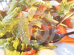 Salad. Fresh summer lettuce salad.Healthy mediterranean salad on wooden table. Vegetarian food