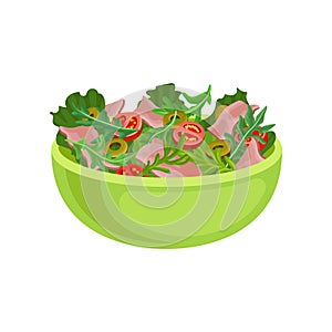 Salad from fresh tomatoes, bacon, green olives and aromatic herbs. Delicious dish in green bowl. Flat vector for recipe