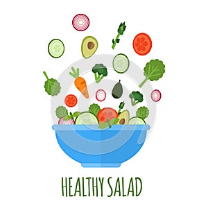 Salad with fresh vegetables in blue bowl. Healthy salad isolated on white background. Vegan menu. Food concept in flat