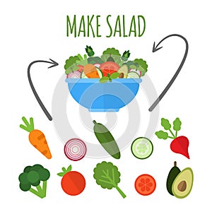 Salad with fresh vegetables in blue bowl isolated on white background. Make salad concept. Applicable set of vegetables