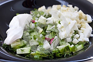 Salad from fresh vegetables and eggs on a plate