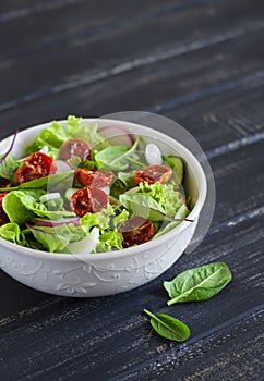 Salad with fresh vegetables, garden herbs and sun-dried tomatoes in a white bowl