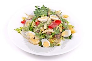 Salad of fried potatoes, eggs and lettuce