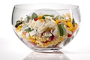 A salad in a glass bowl on a table. AI generative image