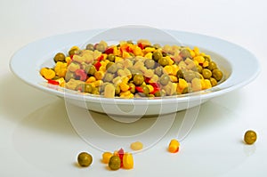 Salad with green peas, corn and red pepper.