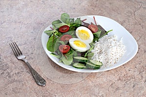 Salad of green vegetables, tomato and rice in a white plate. Rice with vegetables and eggs on a white plate