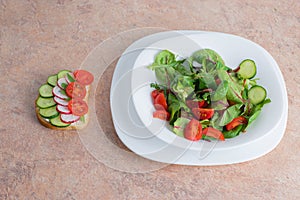 Salad of green vegetables and tomato in a white plate on the table. Spring vegetable salad with a vegetable sandwich on a stle in