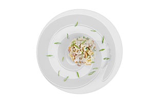 Salad with honey mushrooms and green onions on plate white isolated