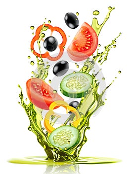 Salad ingredients, slices of cucumber, tomato, pepper and black olives falling into splash of olive oil, isolated on white