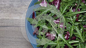 Salad leaves mix green, juicy snack, in a plate, rotating on a table.