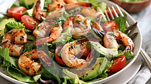 A salad loaded with leafy greens cherry tomatoes avocado slices and grilled shrimp dressed with a homemade vinaigrette