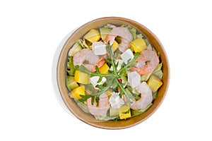 Salad with mango and shrimps for online restaurant menu on white background