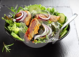 Salad with marinated chicken breast stripes