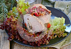 Salad with marinated mushrooms, cowberry and meat