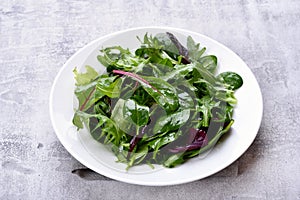 Salad with mixed leaves of arugula, mesclun, spinach