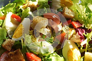 Salad in the morning. Salad with egg, lettuce, tomato, croutons, pepper.