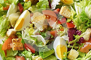 Salad in the morning. Salad with egg, lettuce, tomato, croutons, pepper. Diet, proper nutrition,