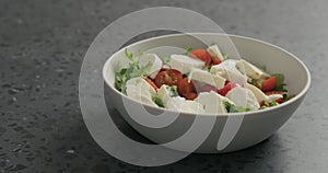 Salad with mozzarella, cherry tomatoes and frisee leaves in white bowl on terrazzo surface