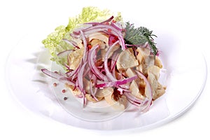 Salad of mushrooms, onions and cabbage leaves