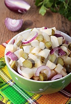 Salad with pickled cucumbers, apples and red onion