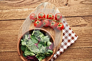 salad plate vegetables fresh ingredients wooden table kitchen