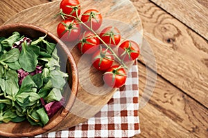 salad plate vegetables fresh ingredients wooden table kitchen