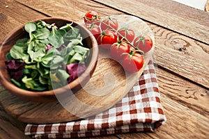 salad plate vegetables fresh ingredients wooden table kitchen