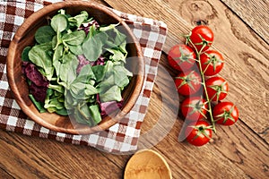 salad plate vegetables fresh ingredients wooden table kitchen