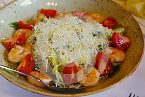Salad with prawn tomato cheese vegetables