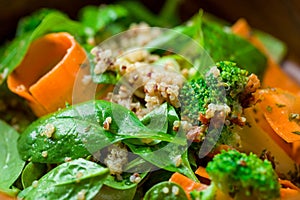 Salad with quinoa and shpinach on wooden table