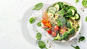 Salad with quinoa, spinach, broccoli, tomatoes, cucumbers, and carrots, served on plate with white background and copy space.